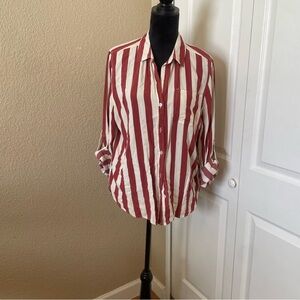 Women’s large red and off white stripe roll tab sleeve button down tunic top